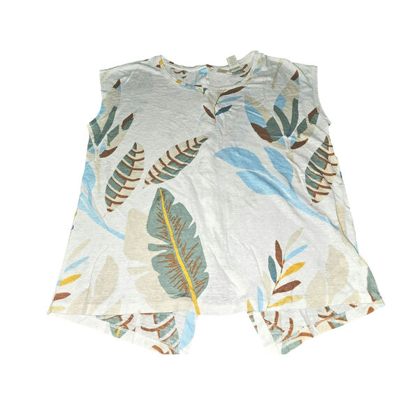 CYNTHIA ROWLEY Botanical Print Button Back 100% Linen Slub Knit Top Sz M - Picture 1 of 5